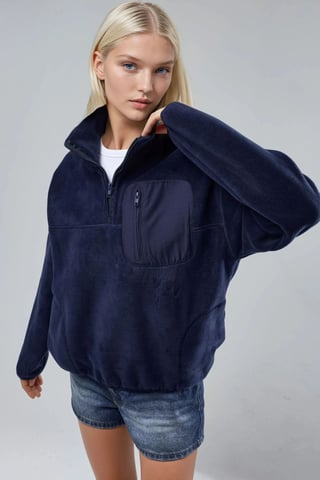 Zipper Collar Plush Knit Sweatshirt with Pocket