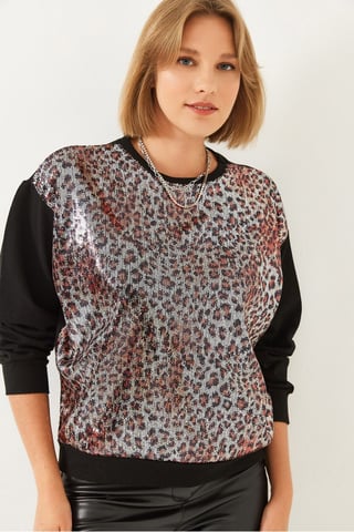 Leopard Print Sequin Crew Neck Sweatshirt