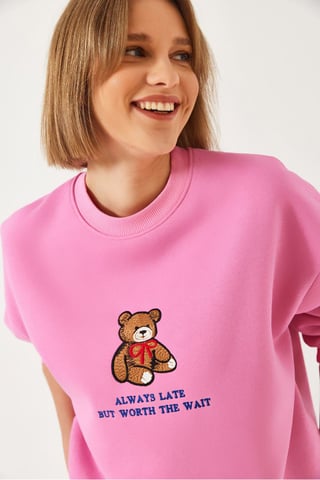 Broderad tryckt sweatshirt med rund hals