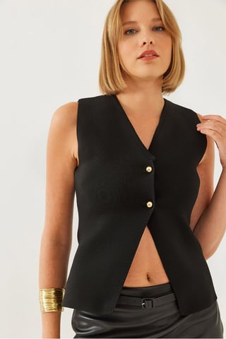 Fitted V-Neck Knitted Waistcoat with Button Closure