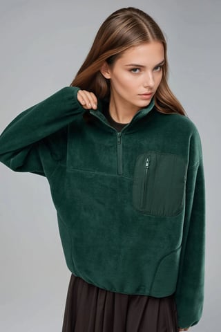 Zipper Collar Plush Knit Sweatshirt with Pocket