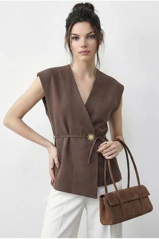 Belted V-Neck Crepe Waistcoat