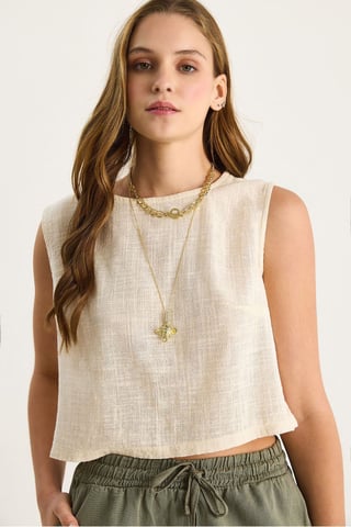 Linen Blend Cropped Crew Neck Blouse