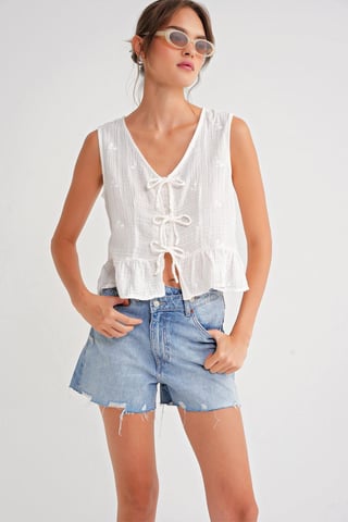 Textured V-Neck Crop Blouse with Bow