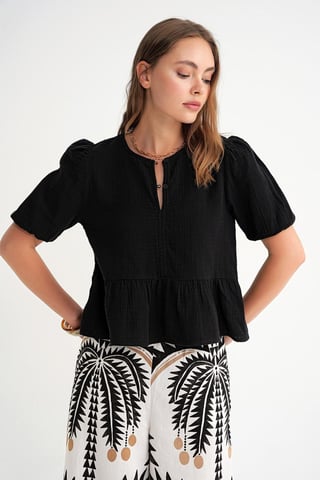 Textured Muslin Crew Neck Blouse with Button Closure