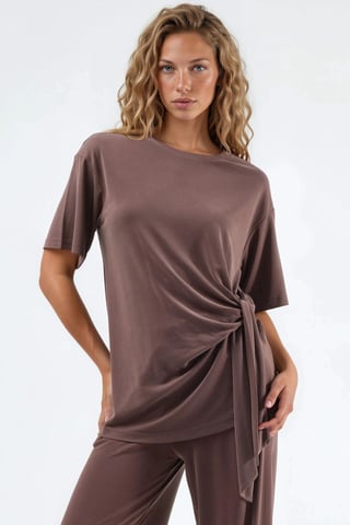 Loose Fit Crew Neck Modal Blouse with Tie Detail