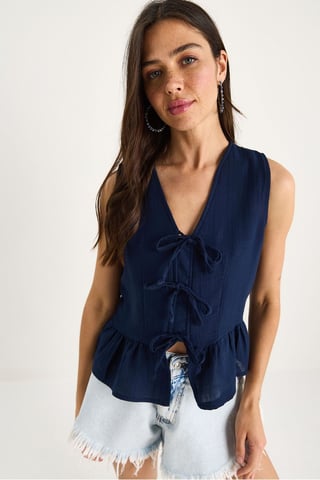 V-Neck Crepe Blouse with Bow Tie