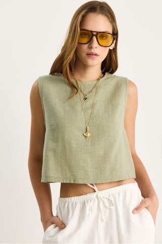 Linen Blend Cropped Crew Neck Blouse