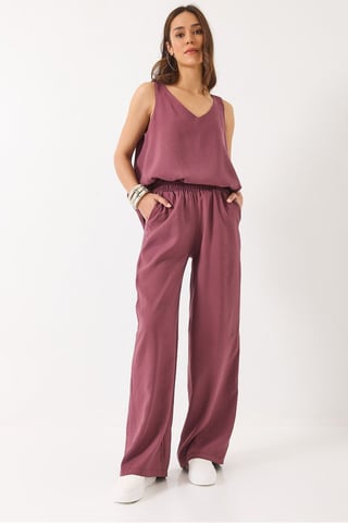 V-Neck Cotton Blouse-Pants Two-Piece Set