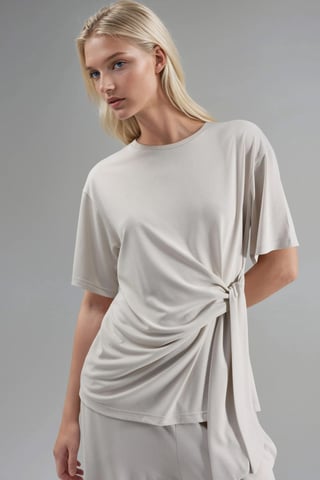 Loose Fit Crew Neck Modal Blouse with Tie Detail