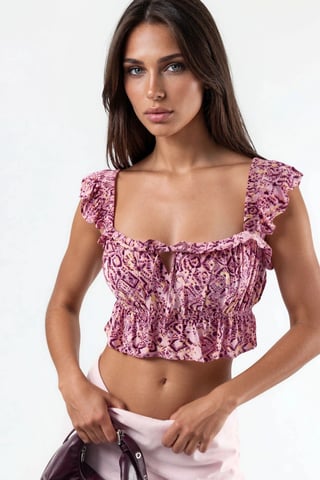 Frilly Square Collar Printed Blouse