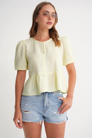 Textured Muslin Crew Neck Blouse with Button Closure