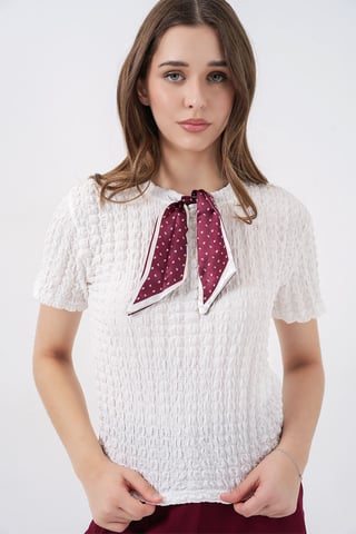 Texturerad Crew Neck Blus med Scarfdetalj