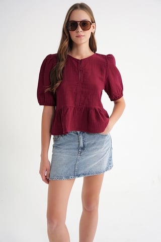 Textured Muslin Crew Neck Blouse with Button Closure