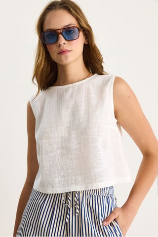 Linen Blend Cropped Crew Neck Blouse