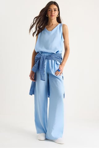 V-Neck Cotton Blouse-Pants Two-Piece Set