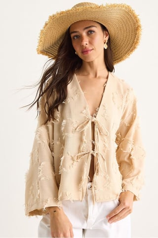 Geborduurde V-hals Textuur Kimono met Rimpels
