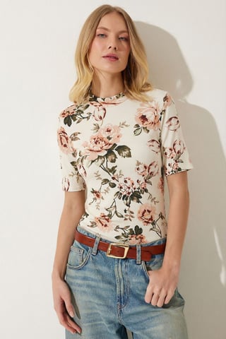 Floral Pattern Half Turtleneck Blouse