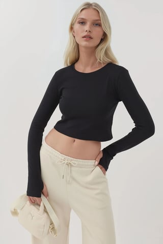 Elastic Crew Neck Long Sleeve Crop Top
