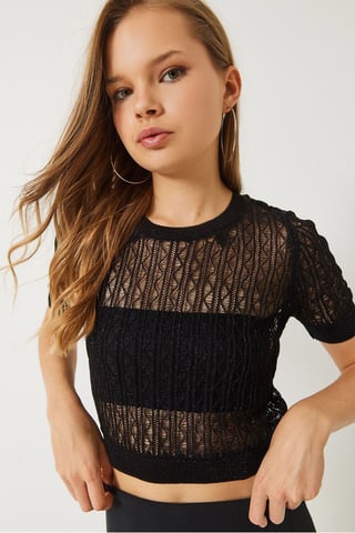 Lace Textured Crop Top with Crew Neck