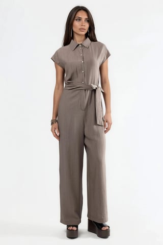 Wide Leg Buttoned Shirt Collar Jumpsuit
