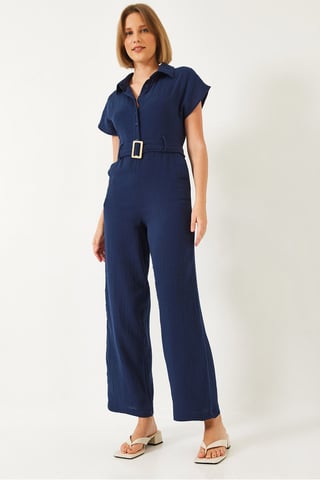 Long Poplin Jumpsuit with Shirt Collar and Button Closure
