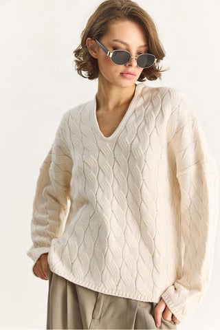 Relaxed Fit V-Neck Textured Knit Sweater
