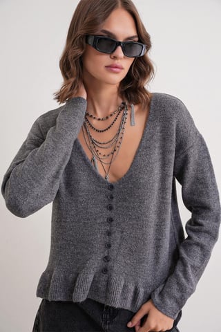 Lightweight V-Neck Knit Top with Button Detail