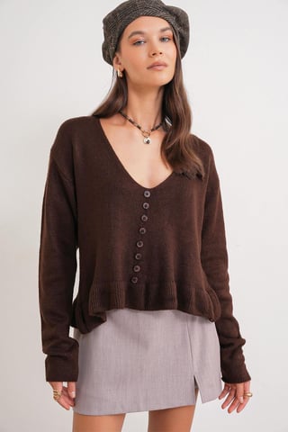 Lightweight V-Neck Knit Top with Button Detail