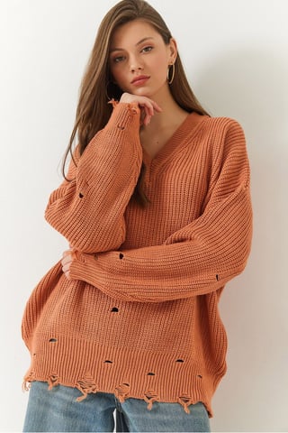 Oversized V-Neck Destroyed Knit Sweater