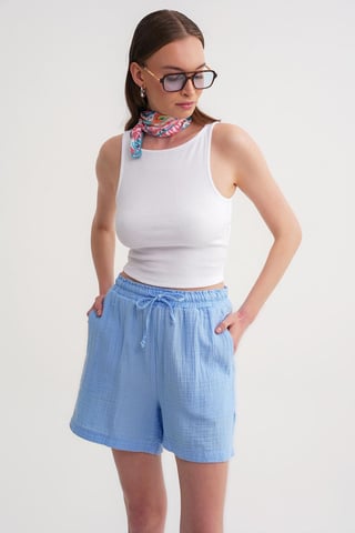 High-Waisted Textured Cotton Shorts