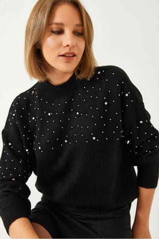 Texturerad broderad rundhalsad tröja
