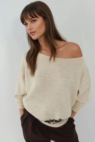 Mjuk Texturerad Off Shoulder Stickad Tröja