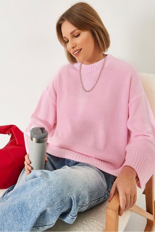 Överdimensionerad Ribbad Crew Neck Tröja