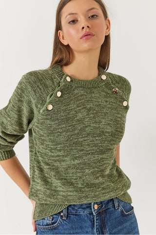 Texturerad Stickad Crew Neck Tröja med Knappar