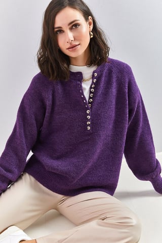 Button Collar Relaxed Fit Knit Sweater