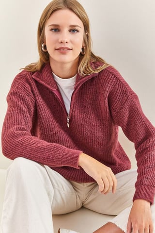 Oversized Textured Knit Sweater with Zipper Collar