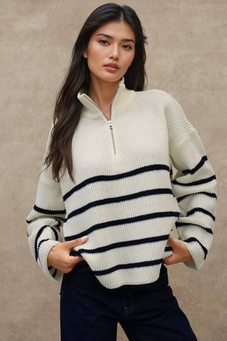 Randig långärmad zipkragesweater