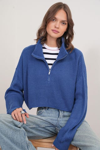 Textured Long Sleeve Zipped Collar Sweater