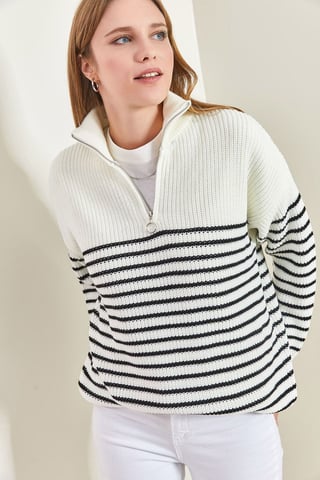 Striped Zipper Collar Relaxed Fit Sweater