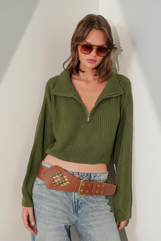 Textured Long Sleeve Zipped Collar Sweater
