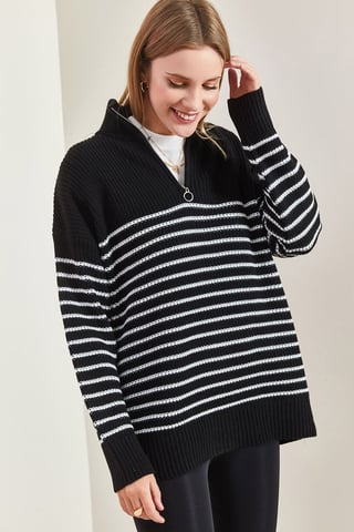 Striped Zipper Collar Relaxed Fit Sweater