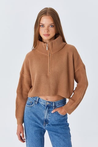 Textured Long Sleeve Zipped Collar Sweater