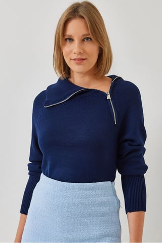 Fitted Acrylic Knitwear Sweater with Zipper Collar