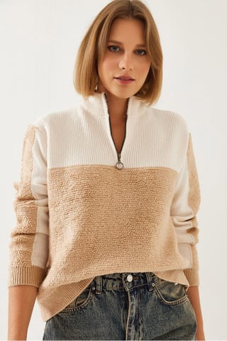 Patterned Knitwear Sweater with Zipper Collar