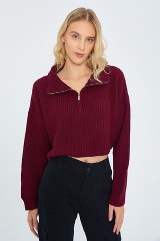 Textured Long Sleeve Zipped Collar Sweater