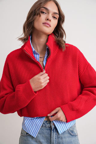 Textured Long Sleeve Zipped Collar Sweater