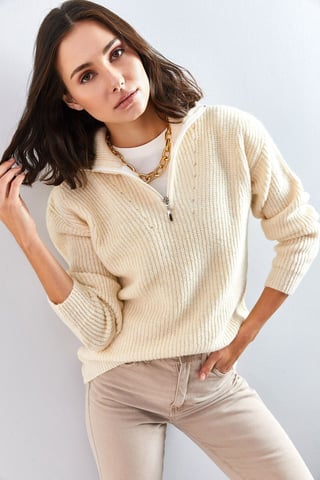 Oversized Textured Knit Sweater with Zipper Collar