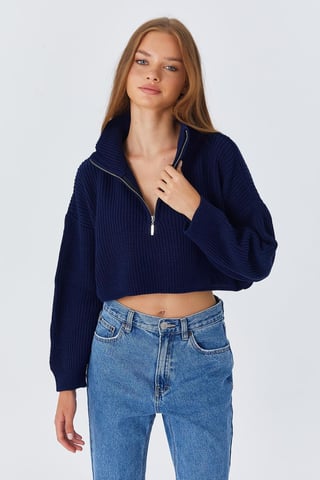 Textured Long Sleeve Zipped Collar Sweater