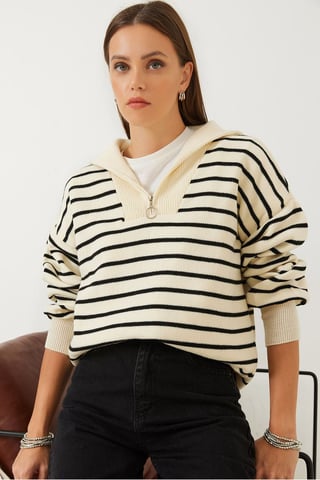 Striped Boxy Crop Sweater with Zipper Collar